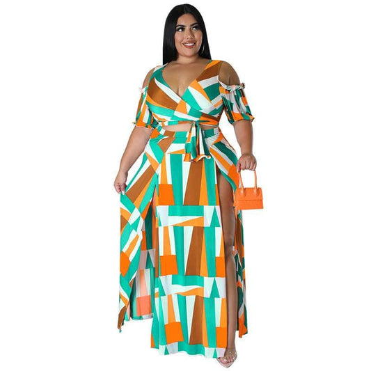 Cap Point green / XL Mongengo Plus Size Two 2 Piece Short Sleeve V-neck Crop Tops + Long Fork Skirt