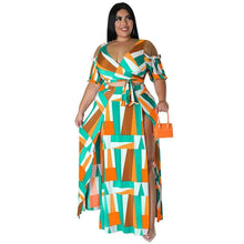 Load image into Gallery viewer, Cap Point green / XL Mongengo Plus Size Two 2 Piece Short Sleeve V-neck Crop Tops + Long Fork Skirt
