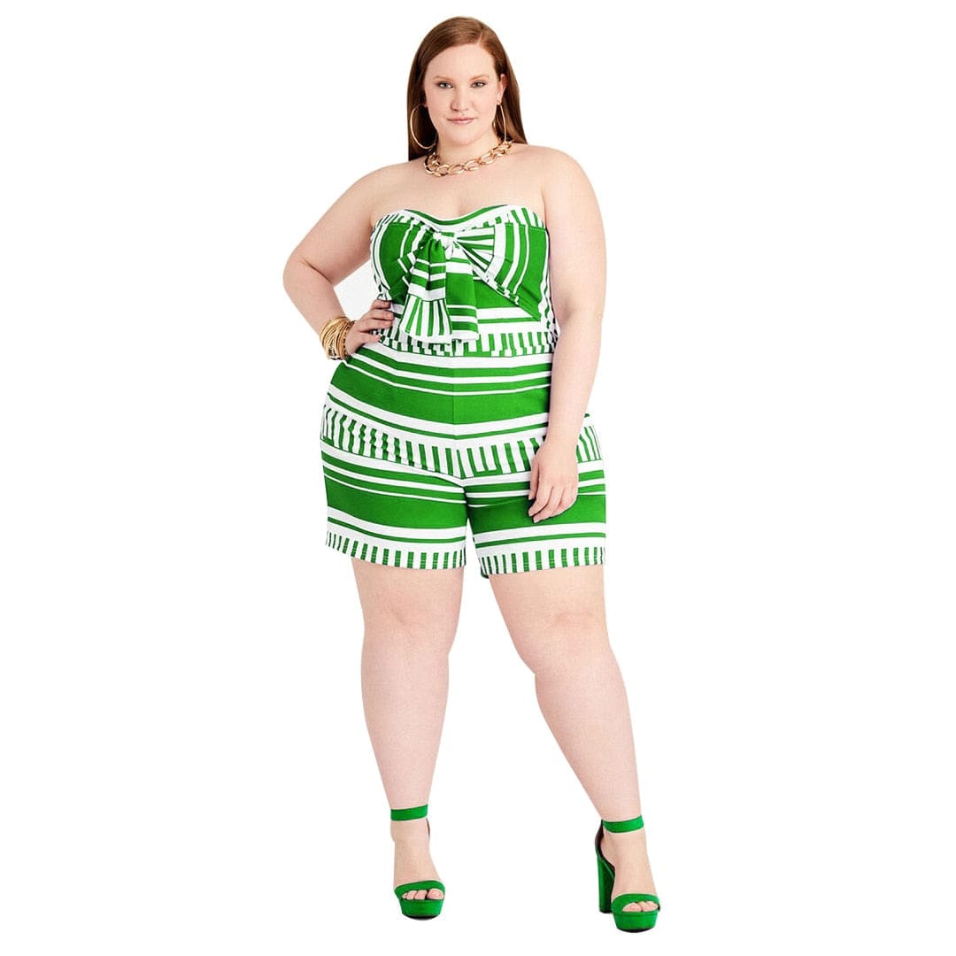 Cap Point Green / XL Plus Size Off Shoulder Stretch Striped Summer Romper