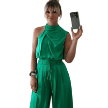 Load image into Gallery viewer, Cap Point Green / XS Eliza Two Piece Silk Pleated Texture Sleeveless Top Wide Leg Pants Set
