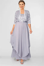 Load image into Gallery viewer, Cap Point Grey / L Francine Pleated Lace Cardigans and Chiffon Layer Dress with Belt
