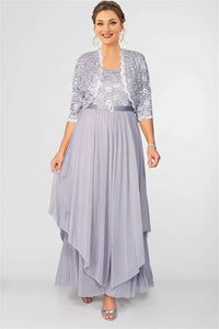 Cap Point Grey / L Francine Pleated Lace Cardigans and Chiffon Layer Dress with Belt