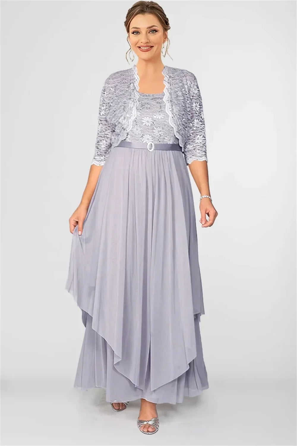 Cap Point Grey / L Francine Pleated Lace Cardigans and Chiffon Layer Dress with Belt