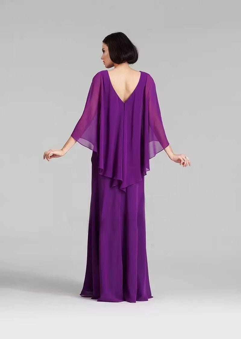 Cap Point Helene V Neck Silk Crystal With Cape Wedding Banquet Mother Of The Bride Dress