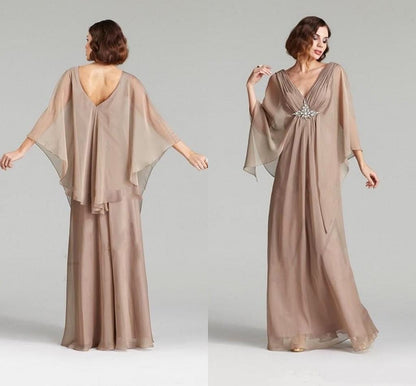 Cap Point Helene V Neck Silk Crystal With Cape Wedding Banquet Mother Of The Bride Dress