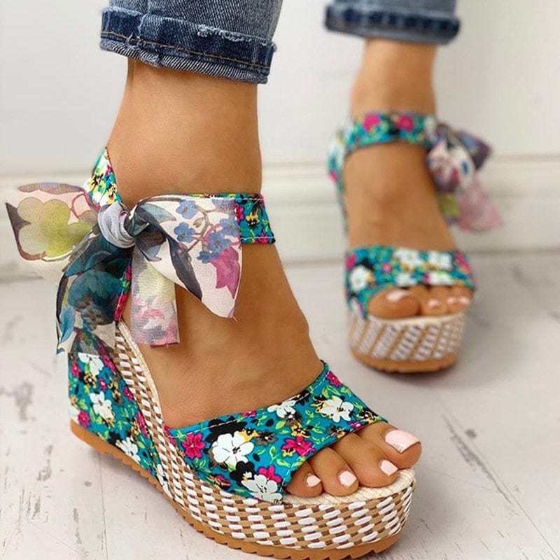 Cap Point Hilda Dot Bowknot Design Platform Wedge Ankle Strap Open Toe Sandals