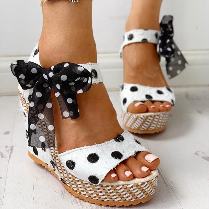 Cap Point Hilda Dot Bowknot Design Platform Wedge Ankle Strap Open Toe Sandals