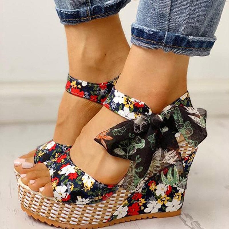Cap Point Hilda Dot Bowknot Design Platform Wedge Ankle Strap Open Toe Sandals