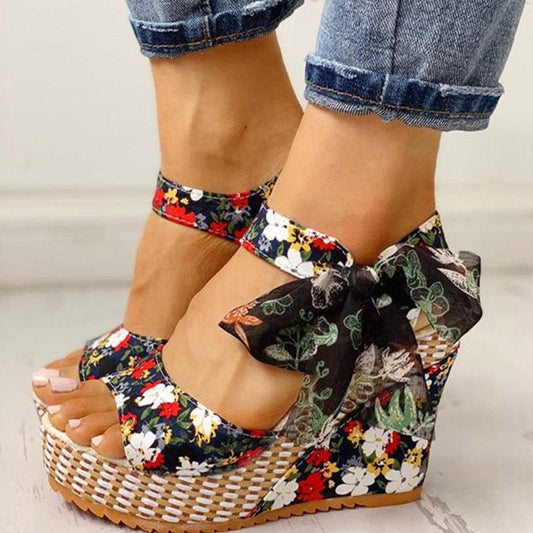 Cap Point Hilda Dot Bowknot Design Platform Wedge Ankle Strap Open Toe Sandals