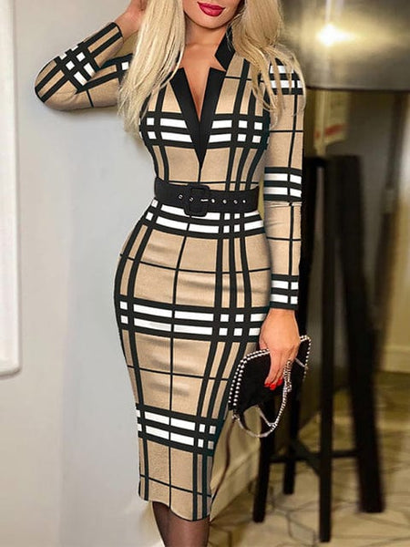 Cap Point Houndstooth V-Neck Bodycon Work Dress with Belt