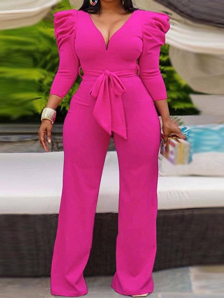 Cap Point Janelle Vintage Puff Sleeve Long Wide Leg Deep V NeckPlaysuits