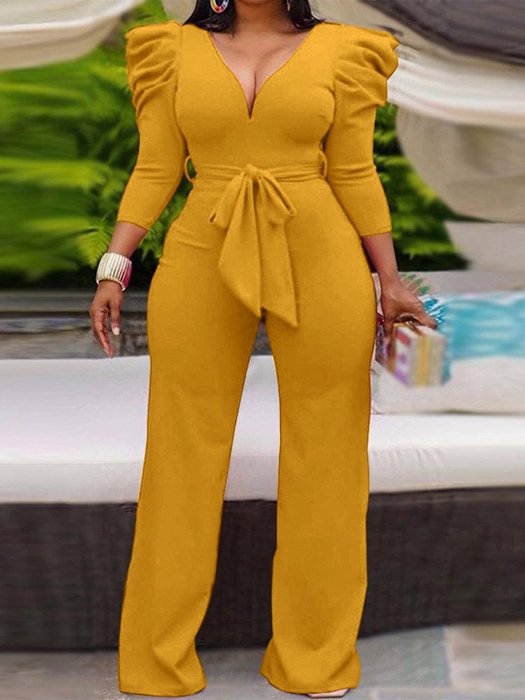 Cap Point Janelle Vintage Puff Sleeve Long Wide Leg Deep V NeckPlaysuits