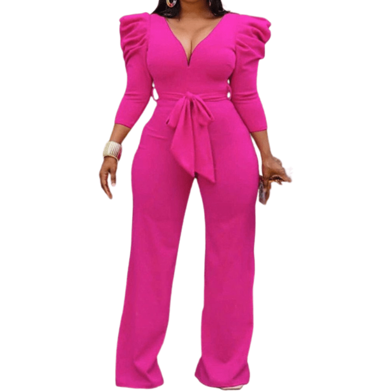 Cap Point Janelle Vintage Puff Sleeve Long Wide Leg Deep V NeckPlaysuits