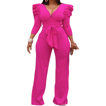 Cap Point Janelle Vintage Puff Sleeve Long Wide Leg Deep V NeckPlaysuits