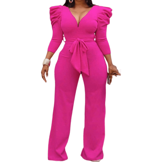 Cap Point Janelle Vintage Puff Sleeve Long Wide Leg Deep V NeckPlaysuits