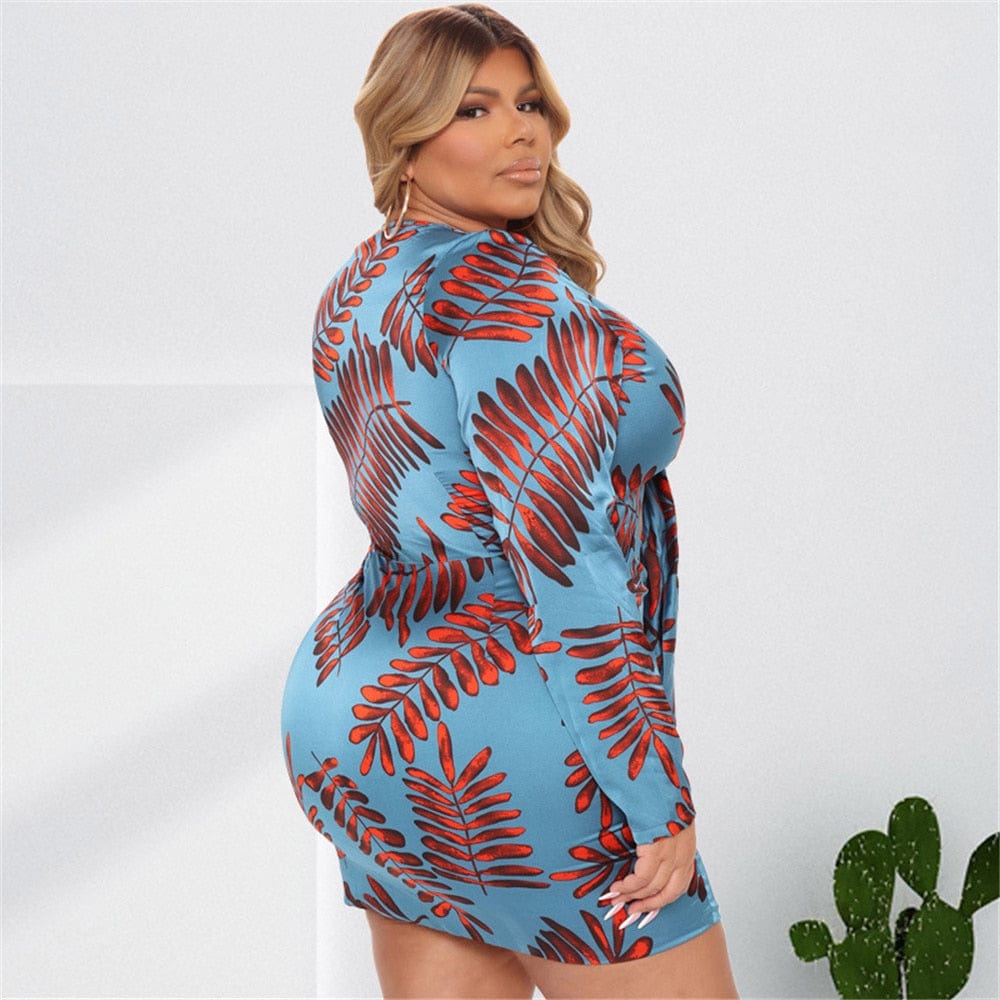 Cap Point Joelle Plus Size Elegant V Neck Print Long Sleeve Bandage Mini Dress
