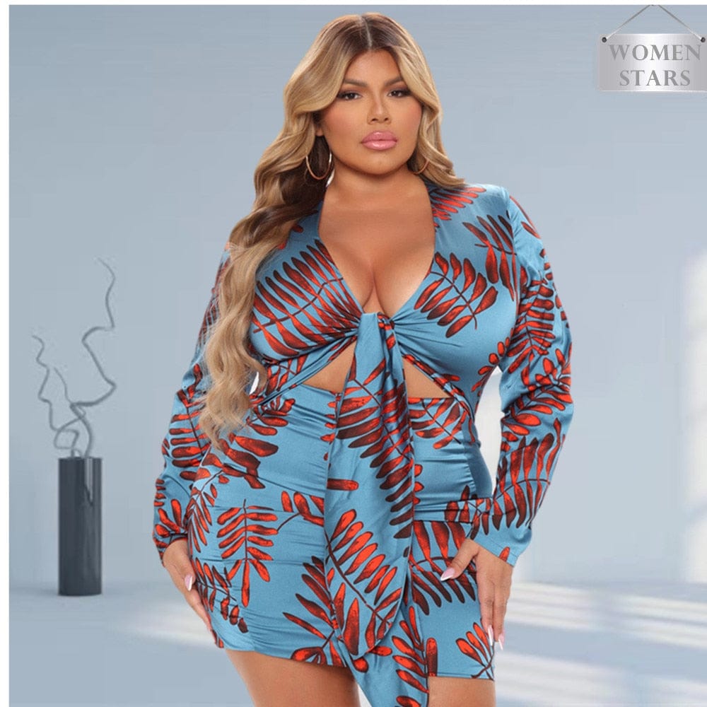 Cap Point Joelle Plus Size Elegant V Neck Print Long Sleeve Bandage Mini Dress