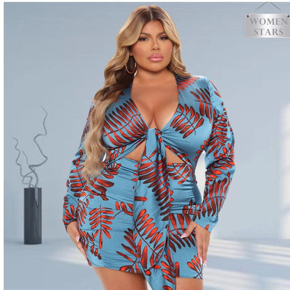 Cap Point Joelle Plus Size Elegant V Neck Print Long Sleeve Bandage Mini Dress