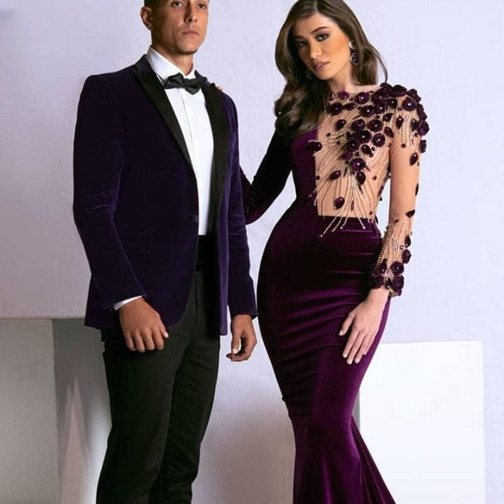 Cap Point Josephine Mermaid Velvet Long Sleeve 3D Flowers Prom Evening Dress