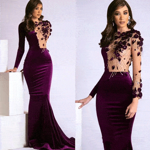 Cap Point Josephine Mermaid Velvet Long Sleeve 3D Flowers Prom Evening Dress
