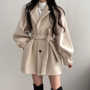 Cap Point Julienne Trendy Fashionable Wool Blend Chunky Waist V-Neck Coat