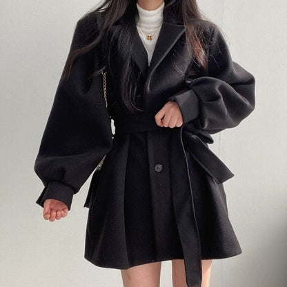 Cap Point Julienne Trendy Fashionable Wool Blend Chunky Waist V-Neck Coat