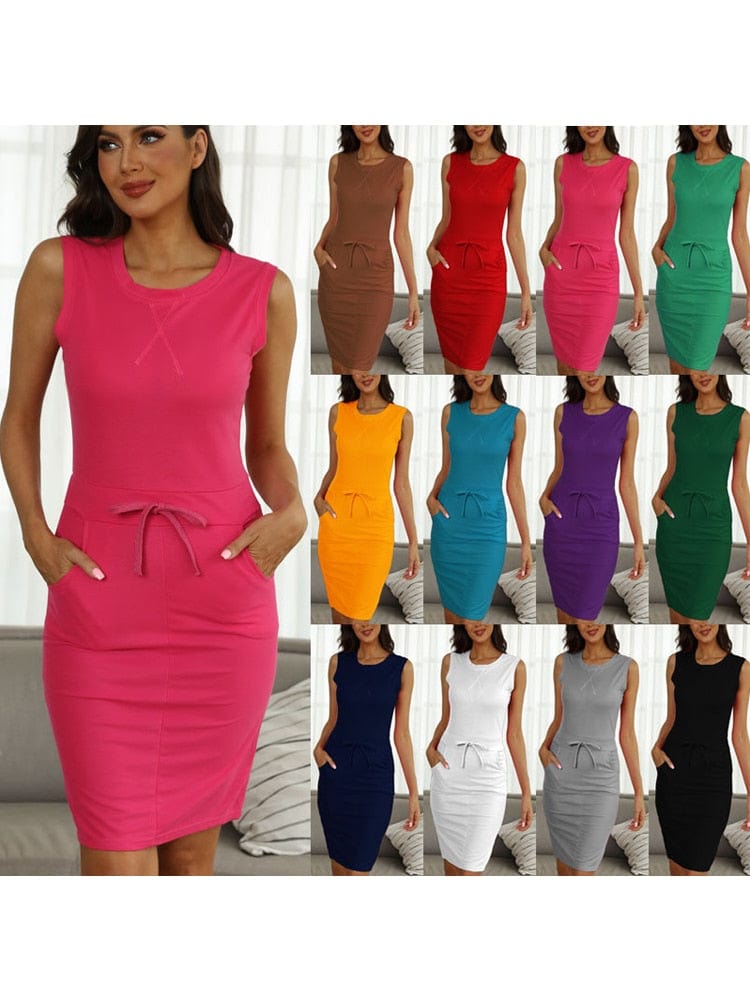 Cap Point Katherine Ladies Casual Sleeveless Pockets with Belt Pencil Mini Dress