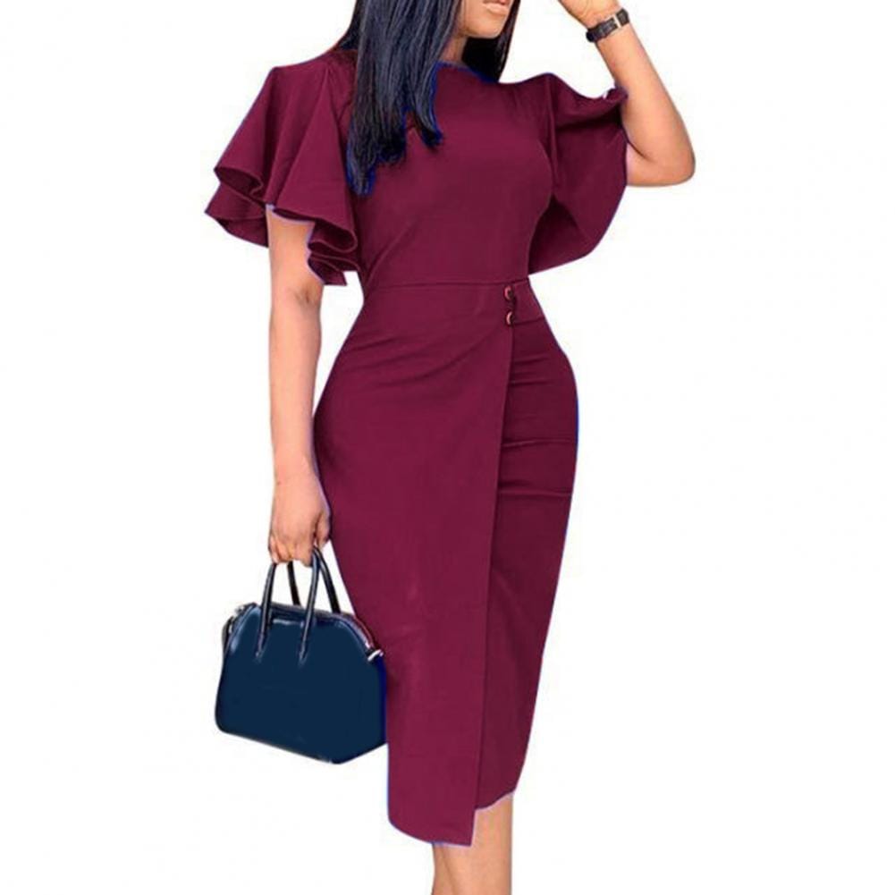 Cap Point Kathy Formal Split Hem Slim Crew Neck Midi Dress