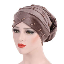 Load image into Gallery viewer, Cap Point khaki New Solid Pearl Beaded Turban Head Scarf
