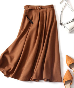 Cap Point Khaki / One Size Elegant High Waist Pleated Solid A-Line Long Skirt With Belt