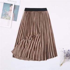 Cap Point Khaki / One Size Vintage Velvet High Waisted Elegant Pleated Skirt