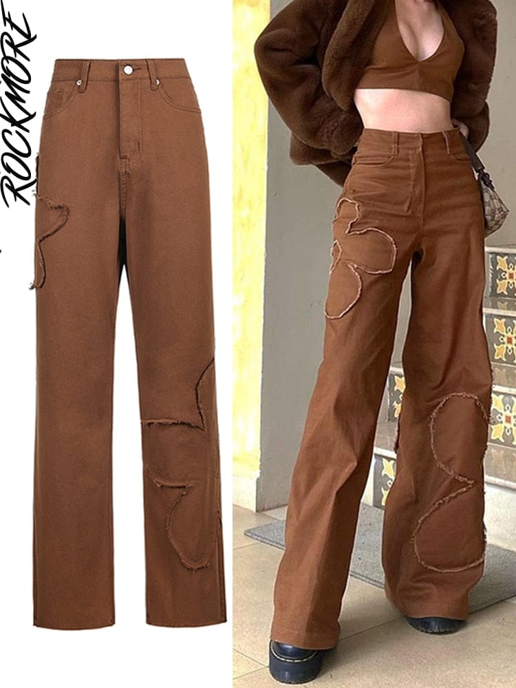 Cap Point Khaki-Patchwork / S Vintage Streetwear Pockets Wide Leg Baggy Cargo Jeans Pants