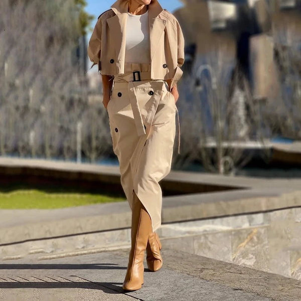Cap Point khaki / S Angelina Two Piece Set Solid Long Sleeve Lapel Tassel Design Button With Belt