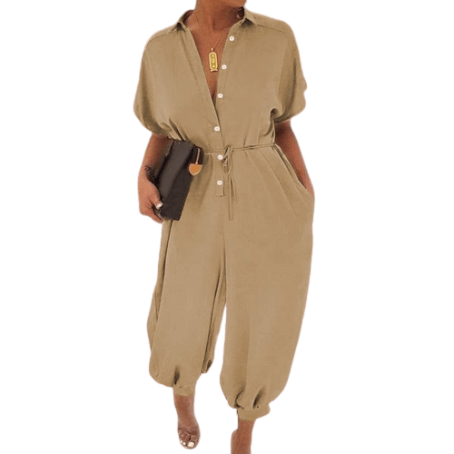 Cap Point Khaki / S Anita Sexy V-Neck Button Lace-Up Jumpsuit