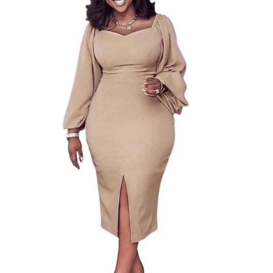 Cap Point Khaki / S Dianne Long Sleeve Square Neck Elegant OL Midi Dress