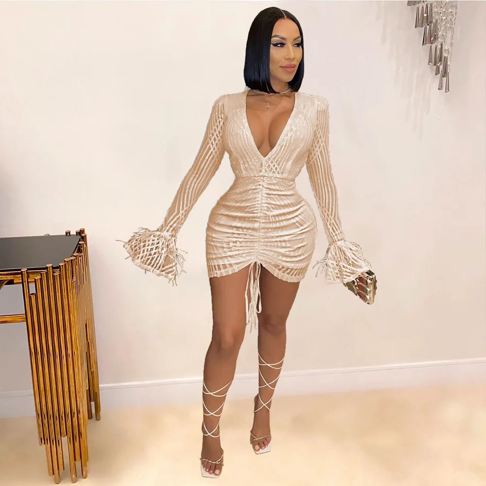 Cap Point Khaki / S Echoine Luxurious Sequin V-neck Black Mini Dress