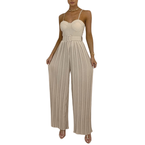 Cap Point Khaki / S Elegant Spaghetti Strap Solid Color Slim Fitting Belted Wide Leg  Jumpsuit