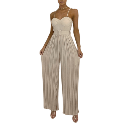 Cap Point Khaki / S Elegant Spaghetti Strap Solid Color Slim Fitting Belted Wide Leg  Jumpsuit