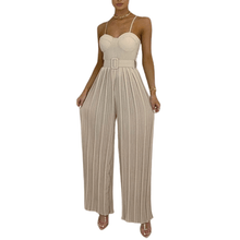 Load image into Gallery viewer, Cap Point Khaki / S Elegant Spaghetti Strap Solid Color Slim Fitting Belted Wide Leg  Jumpsuit

