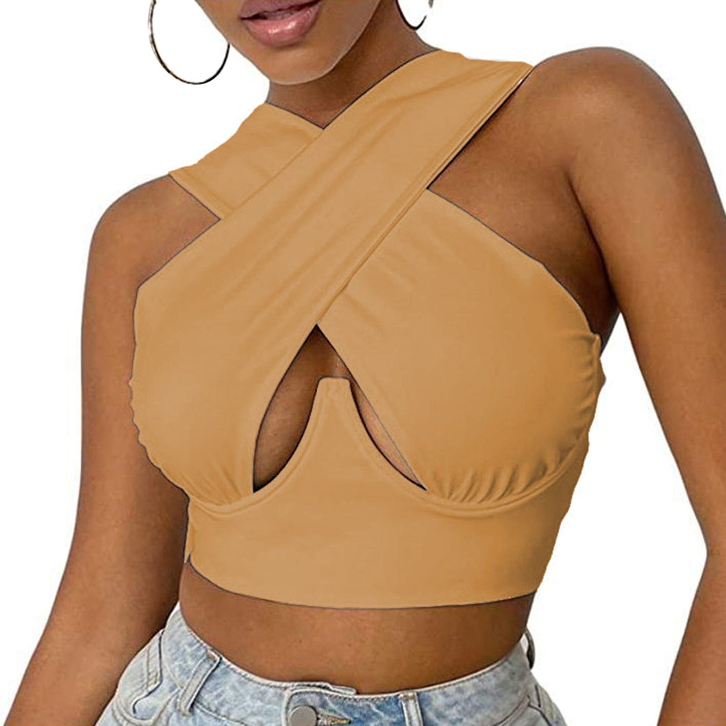 Cap Point Khaki / S Hollow Out Crossed Sexy Crop Top