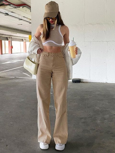 Cap Point Khaki / S Vintage Streetwear Pockets Wide Leg Baggy Cargo Jeans Pants