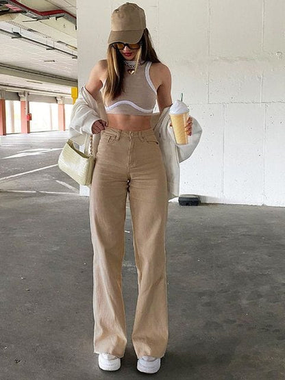 Cap Point Khaki / S Vintage Streetwear Pockets Wide Leg Baggy Cargo Jeans Pants