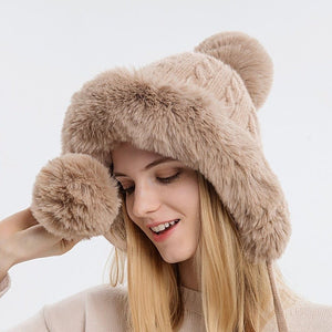 Cap Point Khaki Thicken Plush Winter Warm Knitted Hat with Earflap