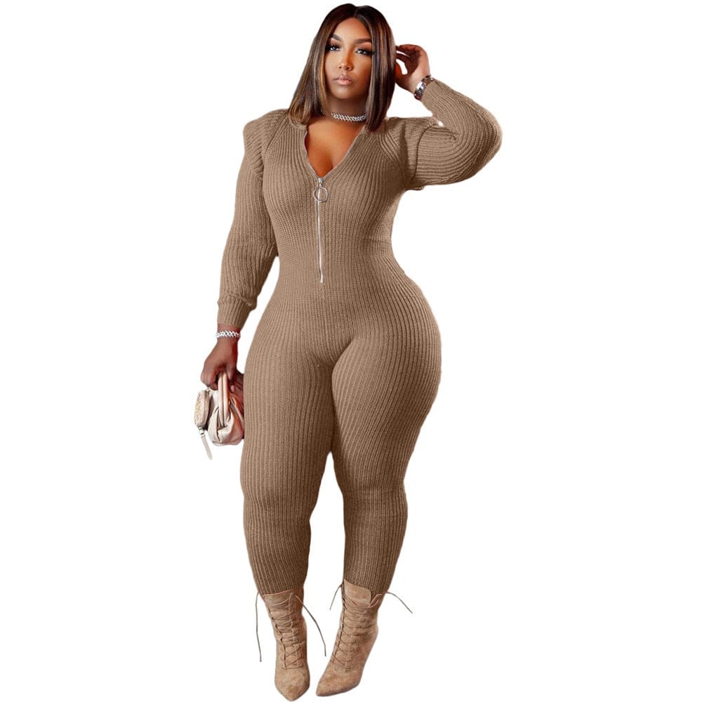 Cap Point Khaki / XL Perline Knitted Plus Size One Piece Outfit Hoodies Zip Up Bodycon Bodysuit