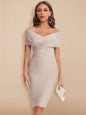 Cap Point Khaki / XS Celia Off Shoulder V Neck Sheath Knee Length Bandage Club Party Dress