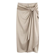 Load image into Gallery viewer, Cap Point Khaki / XS Perline High Waist Knotted Gathered Front Slit Midi Skirt
