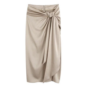 Cap Point Khaki / XS Perline High Waist Knotted Gathered Front Slit Midi Skirt