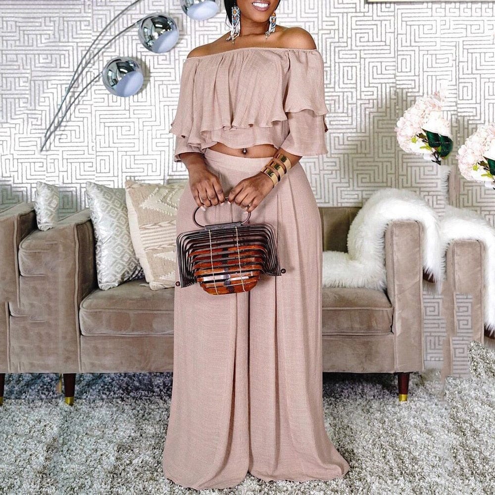 Cap Point Kristine Oversized 2 Piece Loose Wide Leg Pants Fashion Off Shoulder Crop Top