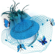 Load image into Gallery viewer, Cap Point Lake Blue Mirva Kentucky Derby Flower Batterfly Veil Tea Party Wedding Party Hat Fascinators
