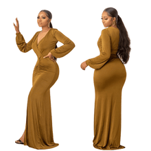 Load image into Gallery viewer, Cap Point Light Brown / S inkosikazi V Neck Lantern Sleeve Maxi Dress
